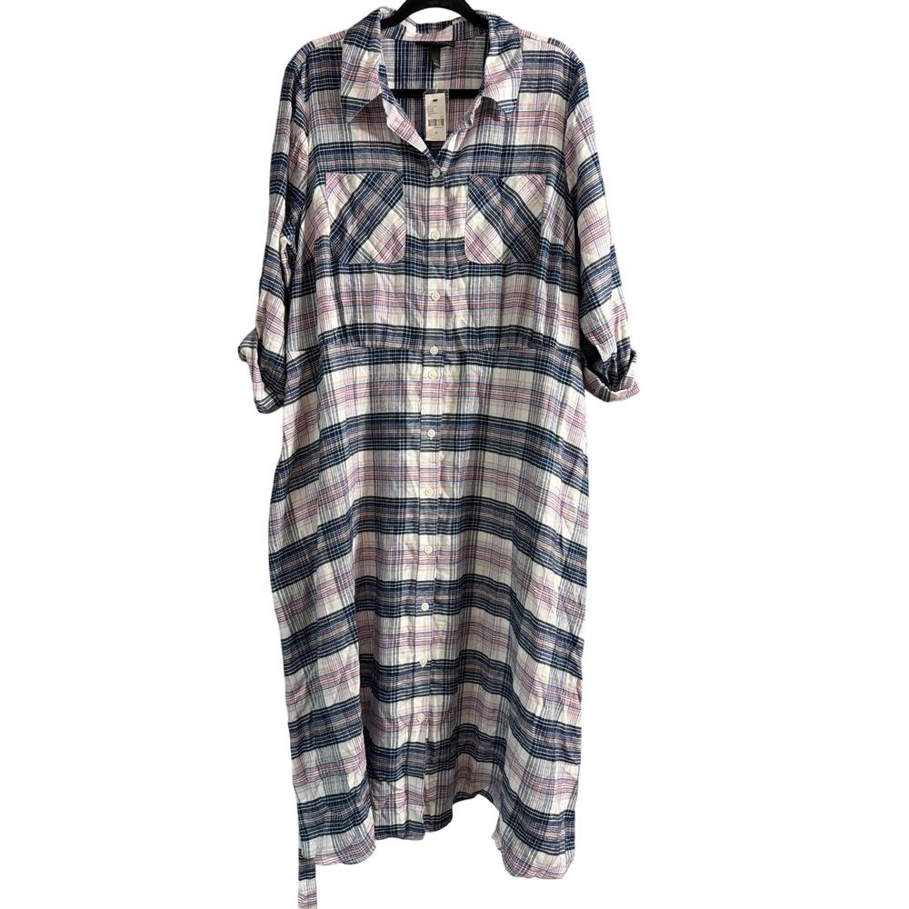 Lane Bryant Women's Plus Size Plaid Tie Waist Button Front Dress Size 16 New